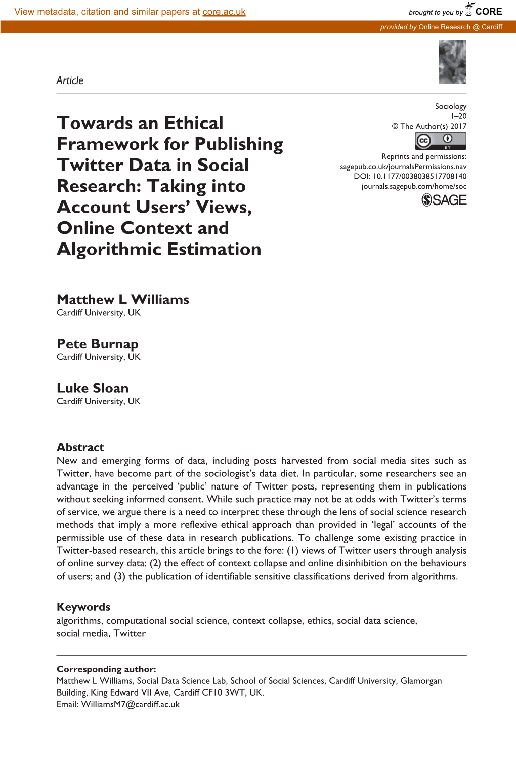 Towards an Ethical Framework for Publishing Twitter Data In
