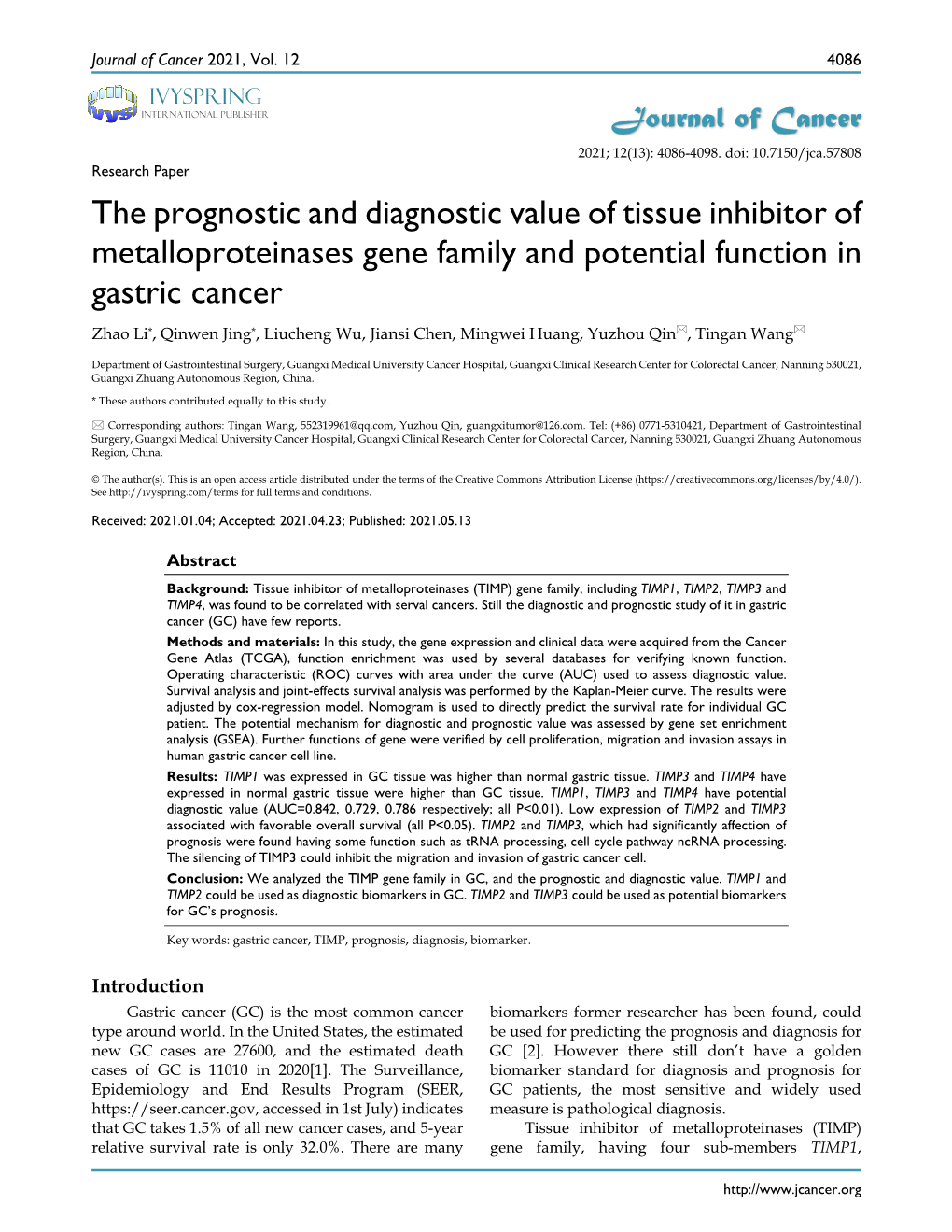 The Prognostic and Diagnostic Value of Tissue Inhibitor Of