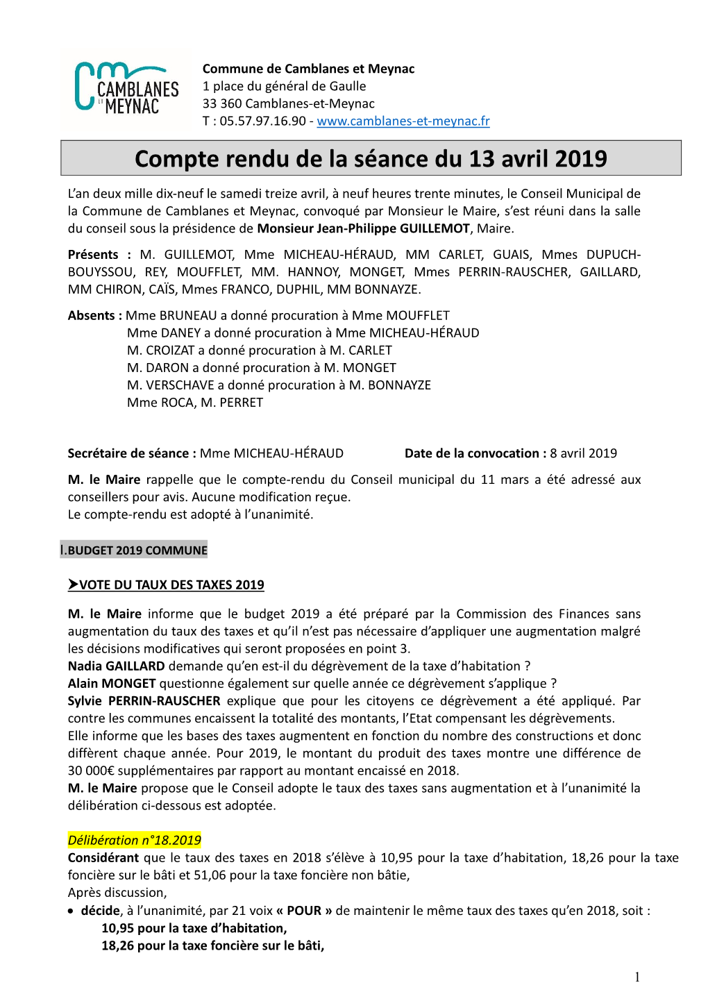 Compte Rendu De La Séance Du 13 Avril 2019