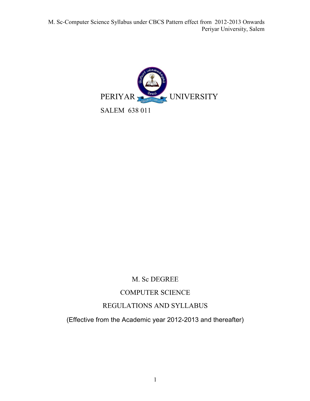 Syllabus Under CBCS Pattern Effect from 2012-2013 Onwards Periyar University, Salem