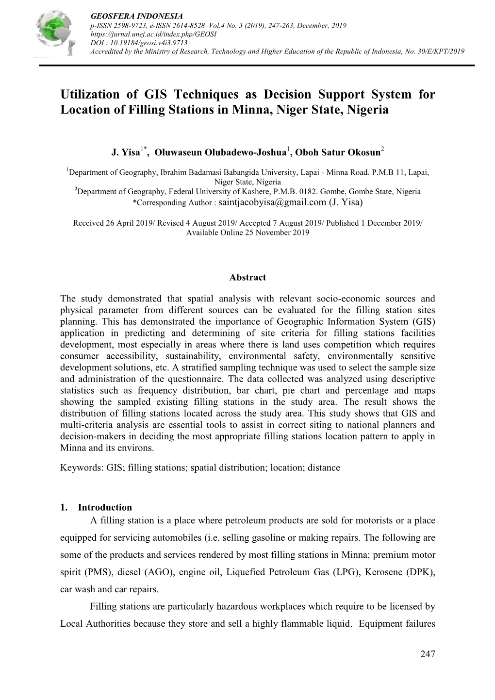 Utilization of GIS Techniques As Decision Support System for Location of Filling Stations in Minna, Niger State, Nigeria