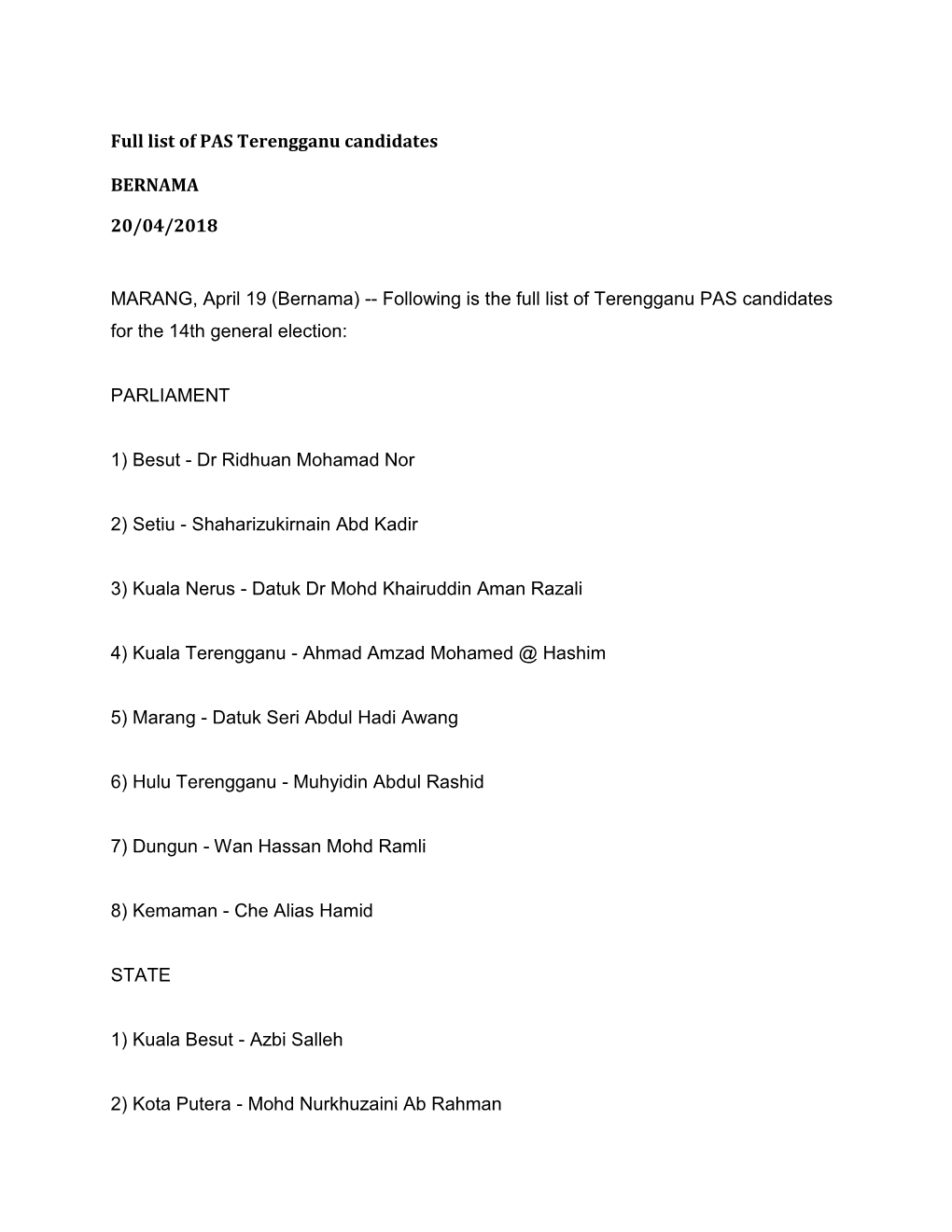 Full List of PAS Terengganu Candidates BERNAMA 20/04/2018