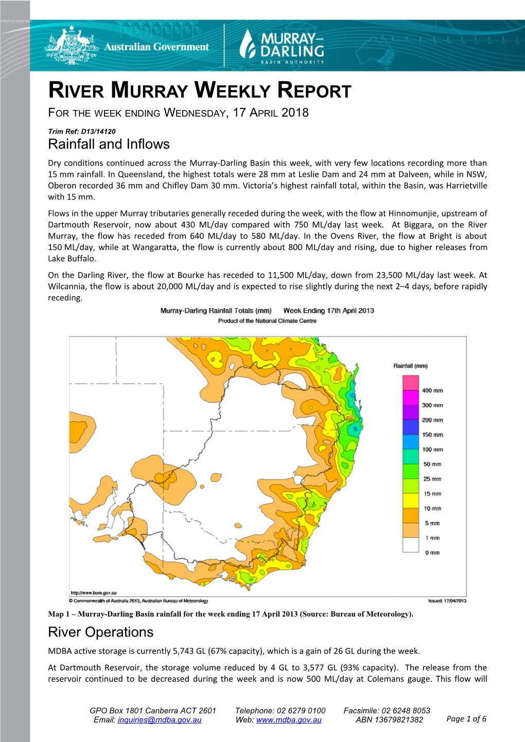 River Murray Operations Weekly Report 17 April 2013