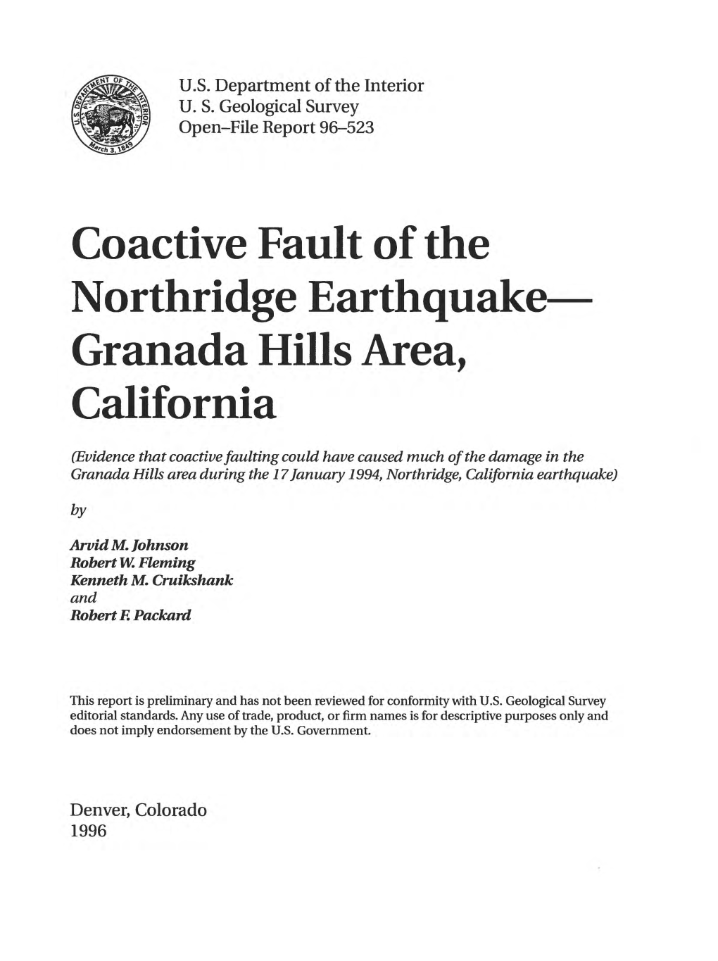 Coactive Fault of the Northridge Earthquake Granada Hills Area, California