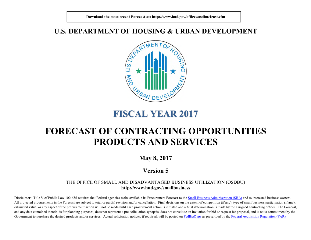 Fiscal Year 2017 Forecast of Contracting Opportunities Products and Services