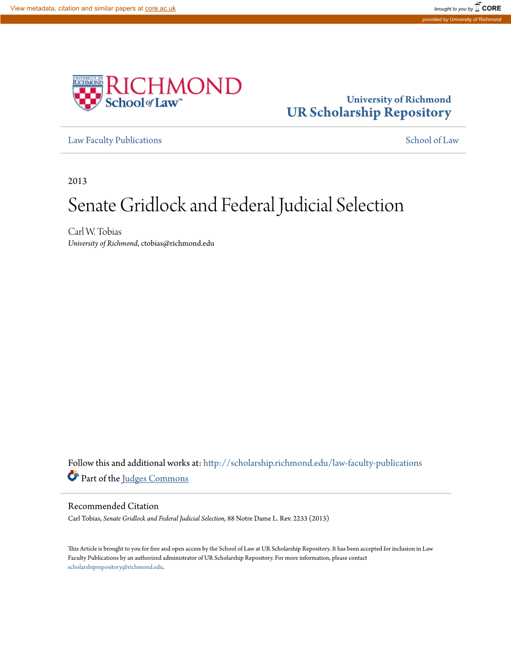 Senate Gridlock and Federal Judicial Selection Carl W