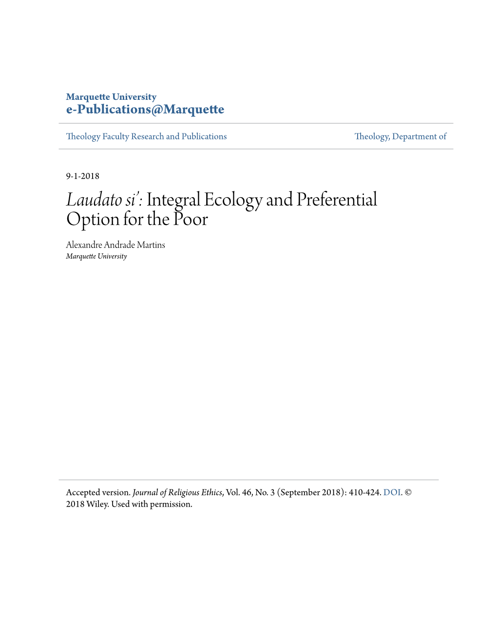Integral Ecology and Preferential Option for the Poor Alexandre Andrade Martins Marquette University