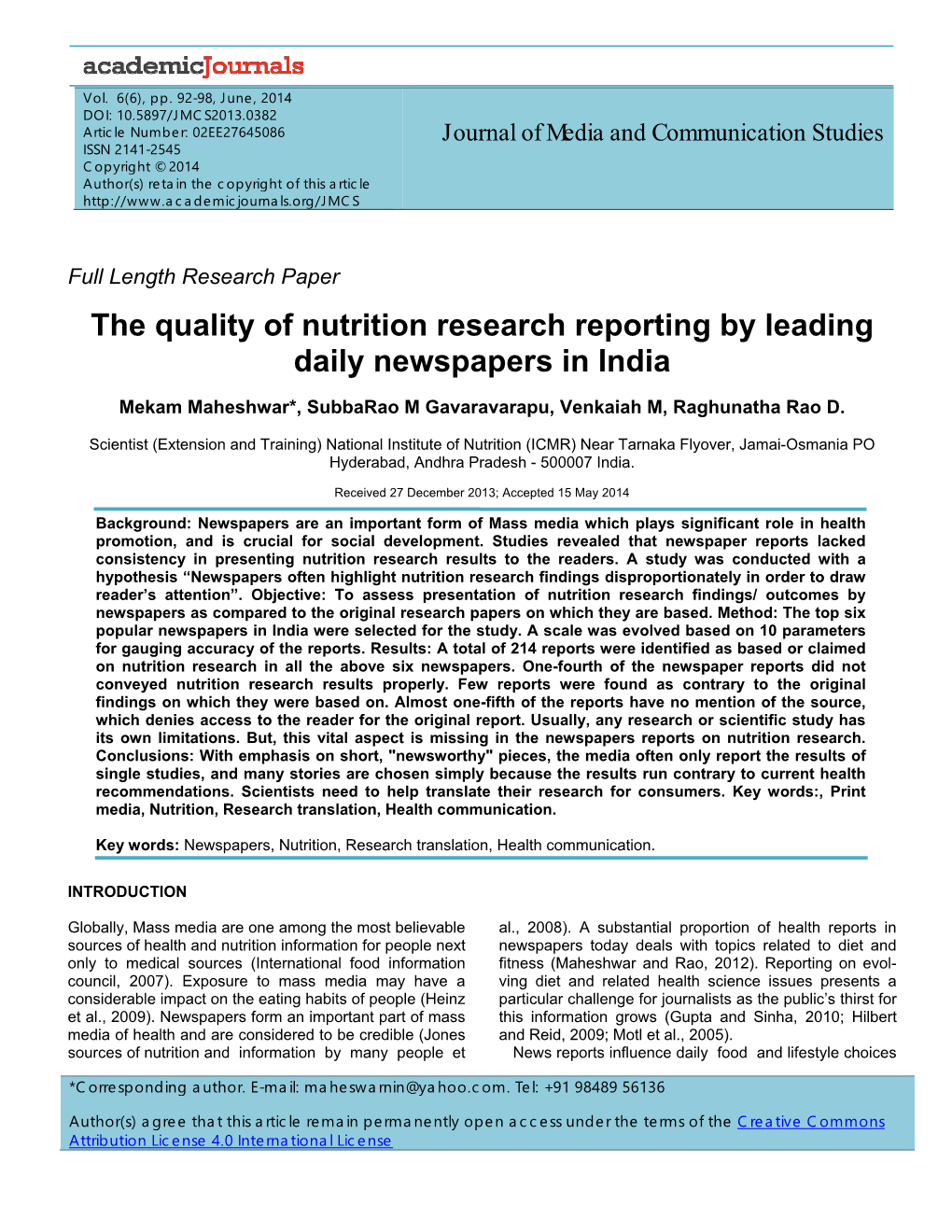 The Quality of Nutrition Research Reporting by Leading Daily Newspapers in India