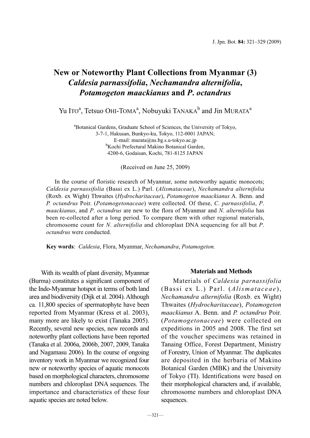 New Or Noteworthy Plant Collections from Myanmar (3) Caldesia Parnassifolia, Nechamandra Alternifolia, Potamogeton Maackianus and P
