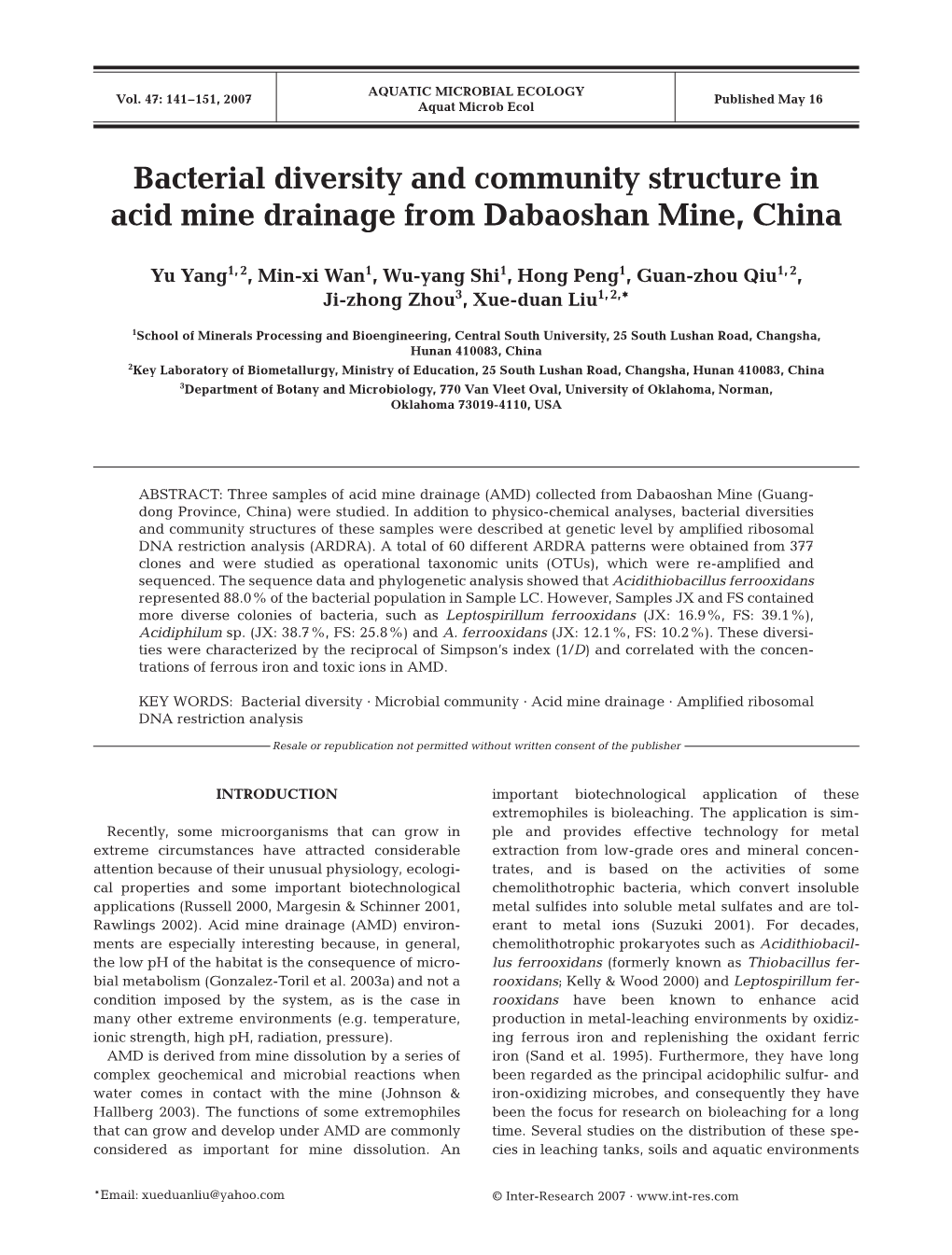 Bacterial Diversity and Community Structure in Acid Mine Drainage from Dabaoshan Mine, China