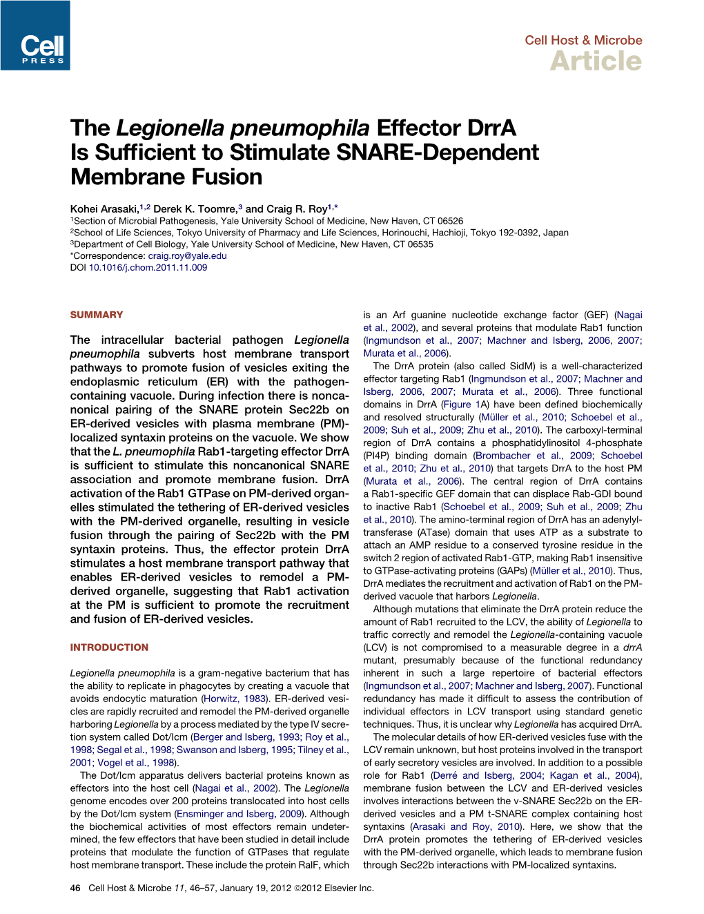 The Legionella Pneumophila Effector Drra Is Sufficient to Stimulate