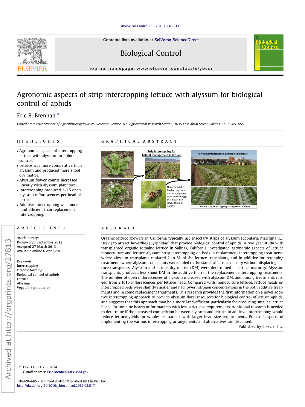 Agronomic Aspects of Strip Intercropping Lettuce with Alyssum for Biological Control of Aphids ⇑ Eric B