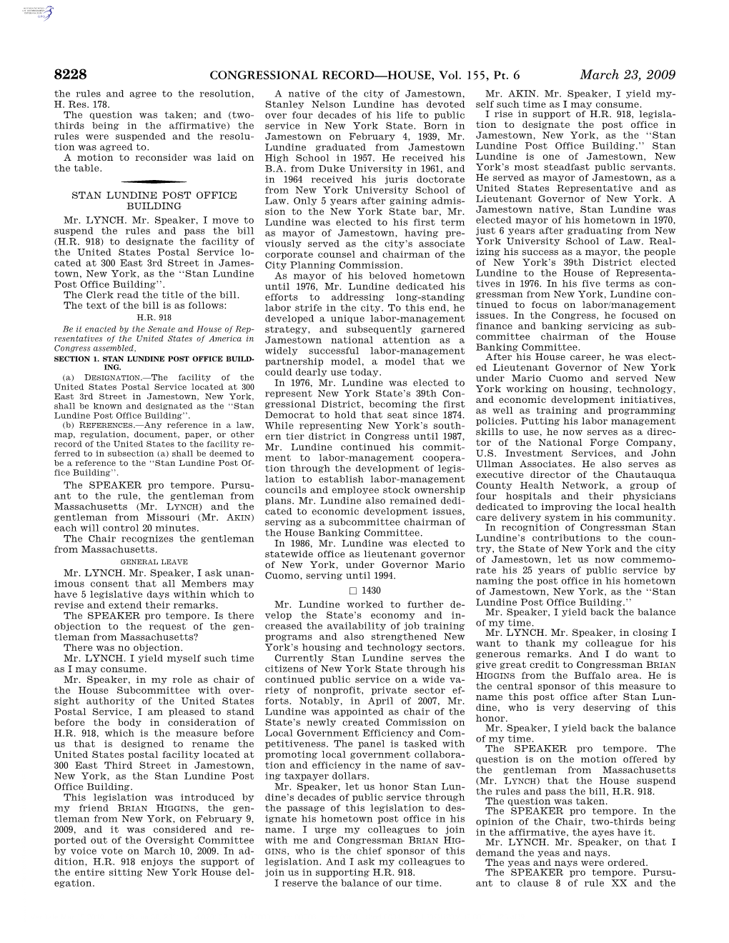 CONGRESSIONAL RECORD—HOUSE, Vol. 155, Pt. 6 March 23, 2009 the Rules and Agree to the Resolution, a Native of the City of Jamestown, Mr