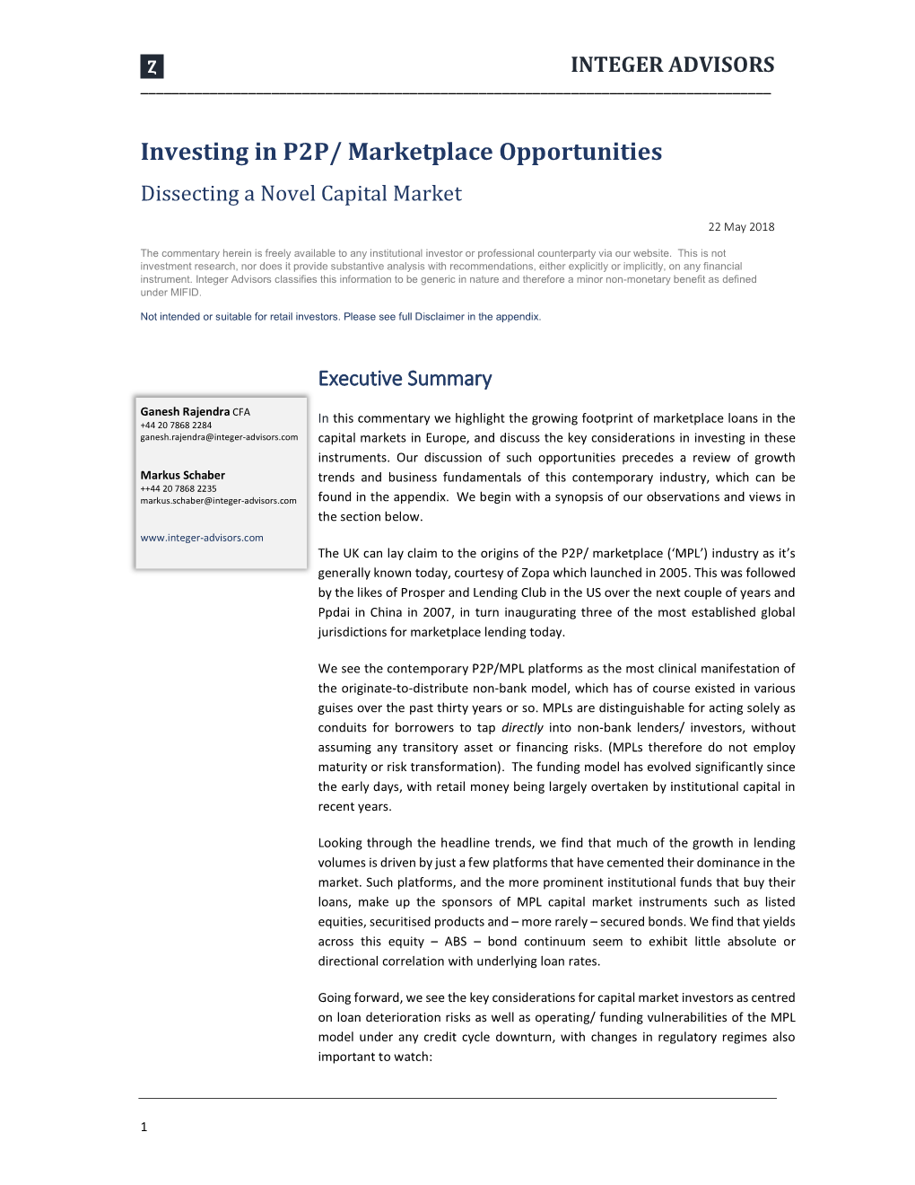 Investing in P2P/ Marketplace Opportunities Dissecting a Novel Capital Market