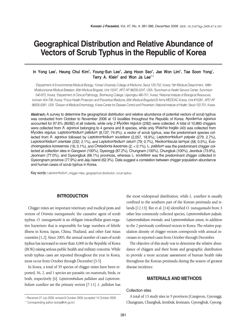 Geographical Distribution and Relative Abundance of Vectors of Scrub Typhus in the Republic of Korea