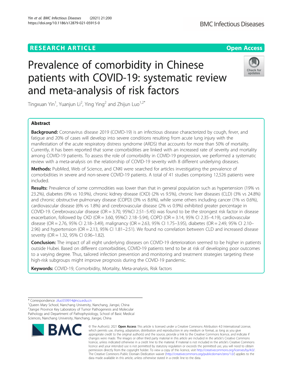 Prevalence of Comorbidity in Chinese Patients with COVID-19: Systematic Review and Meta-Analysis of Risk Factors