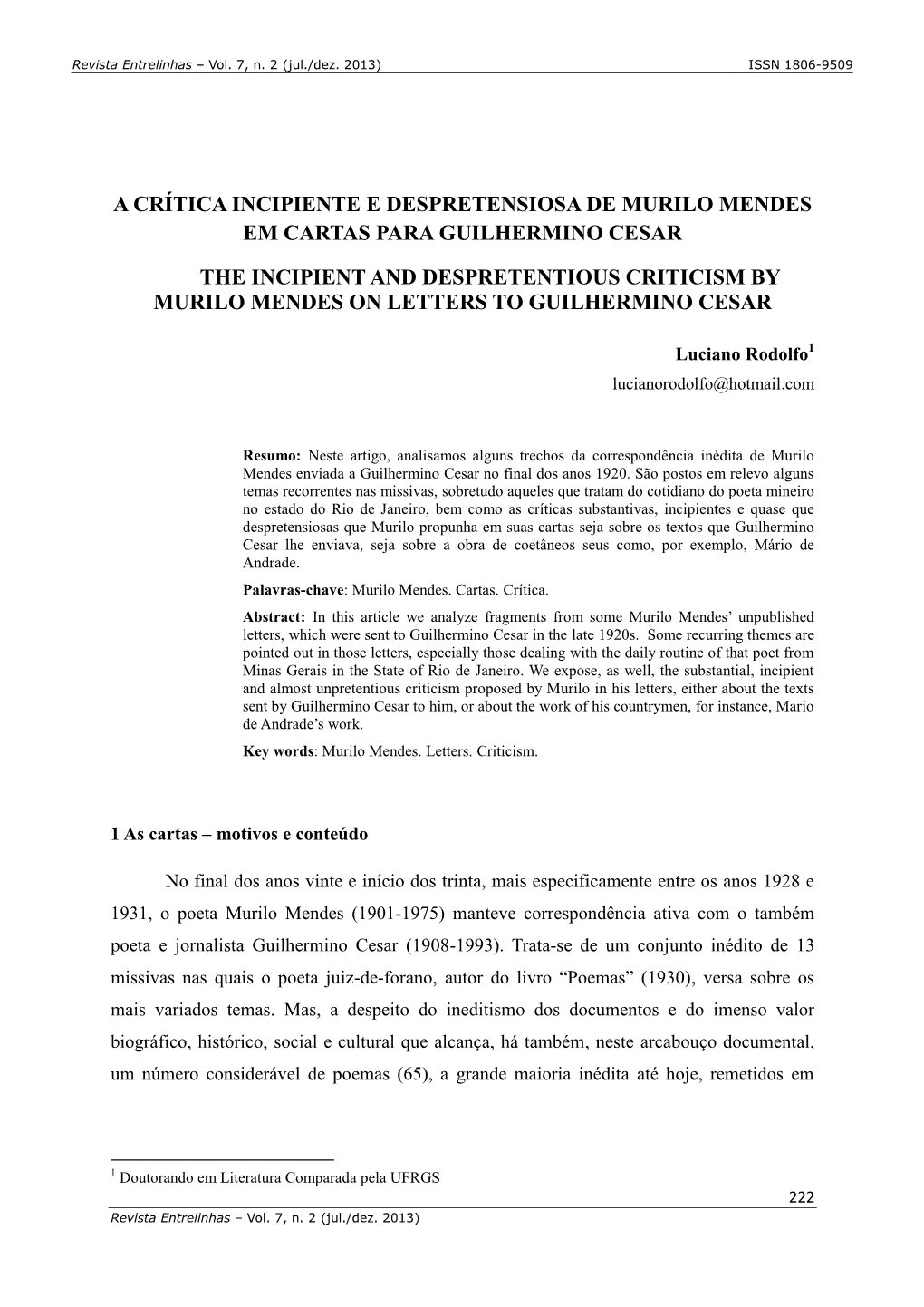 A Crítica Incipiente E Despretensiosa De Murilo Mendes Em Cartas Para Guilhermino Cesar