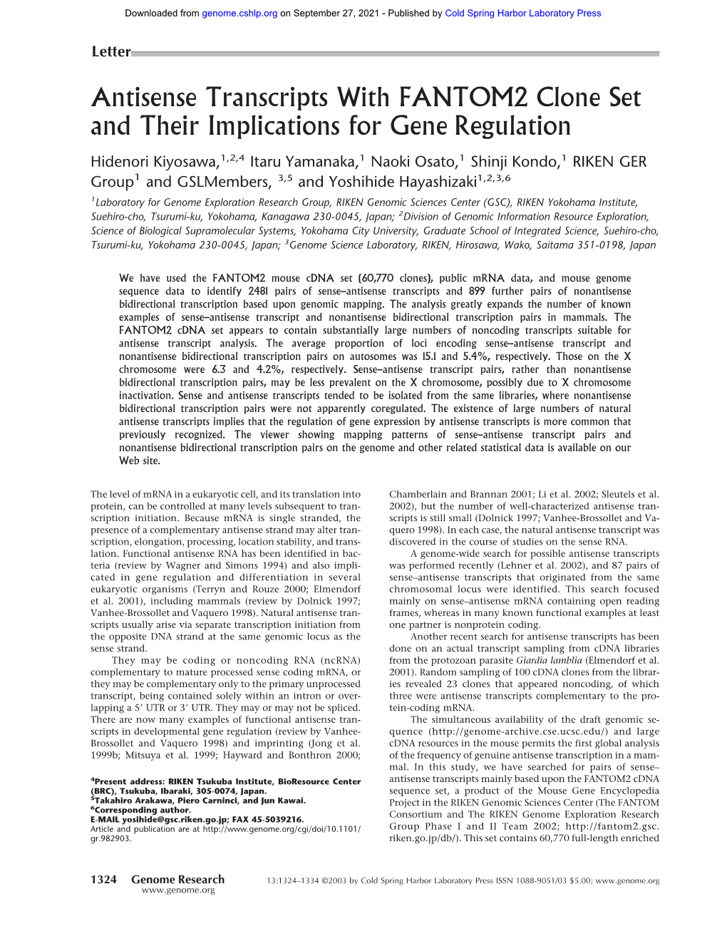 Antisense Transcripts with FANTOM2 Clone Set and Their Implications For