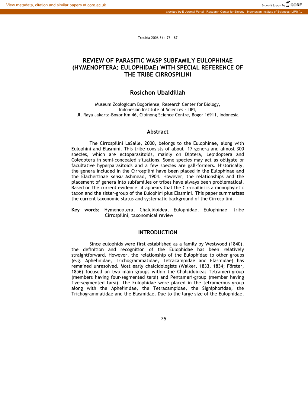 Hymenoptera: Eulophidae) with Special Reference of the Tribe Cirrospilini