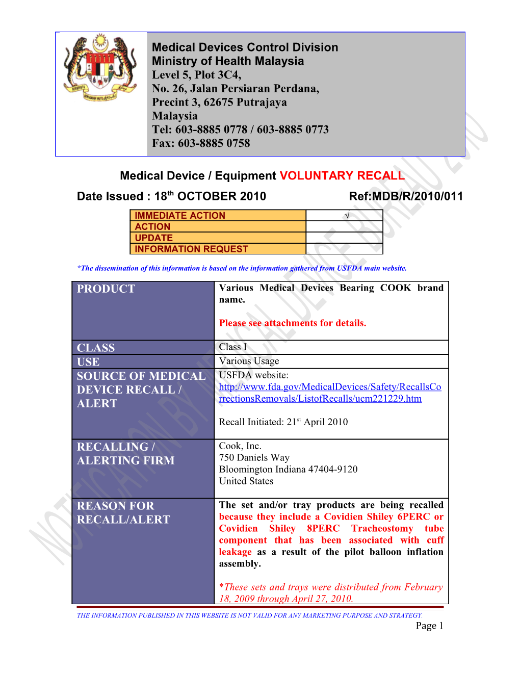 Medical Device / Equipment VOLUNTARY RECALL s1