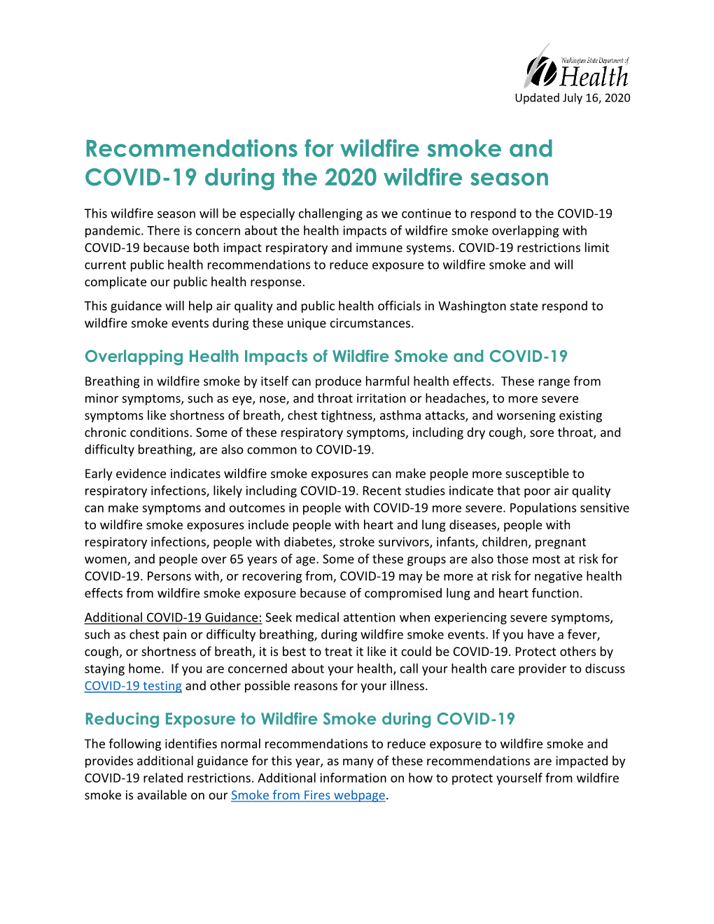 Recommendations for Wildfire Smoke and COVID-19 During the 2020 Wildfire Season