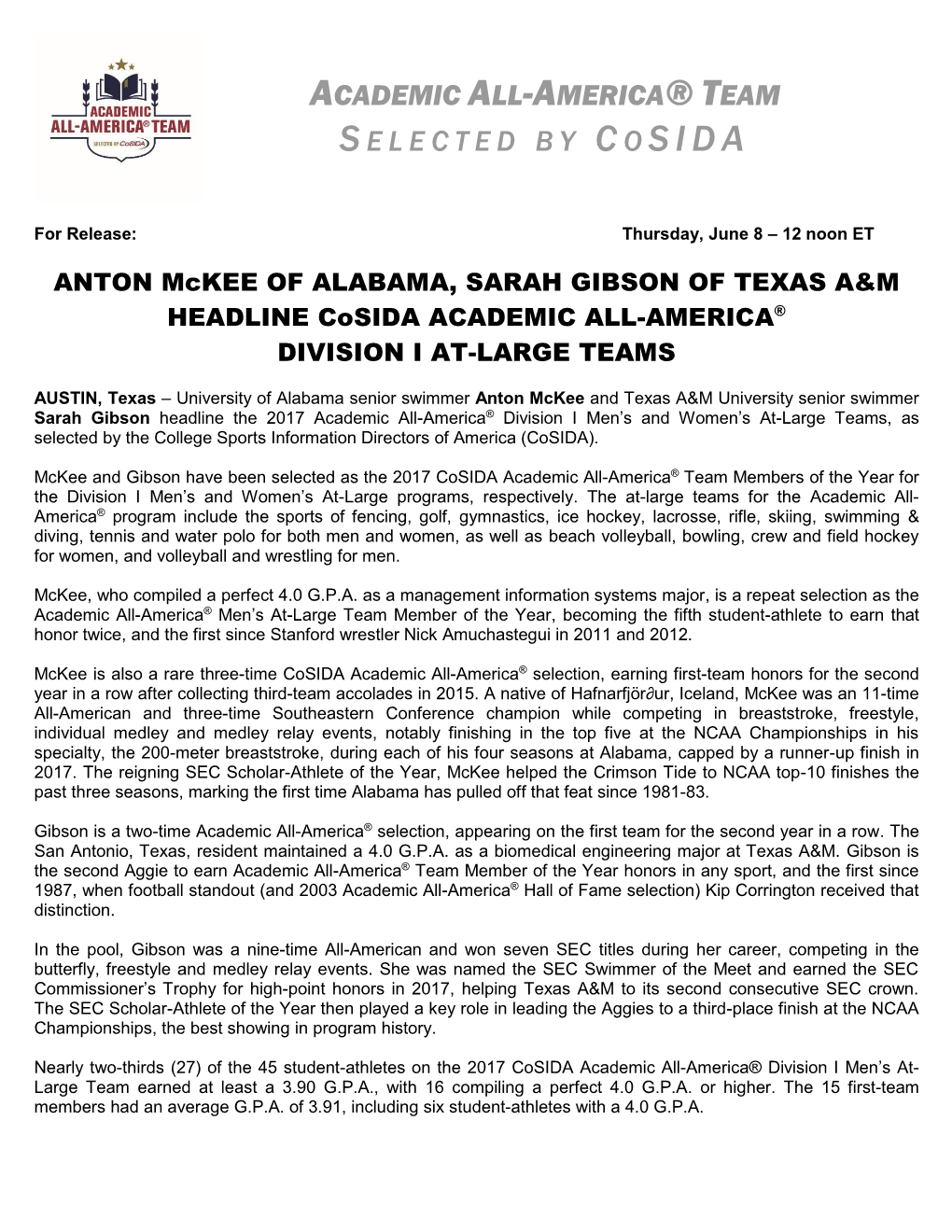 Academic All-America® Team Selected by Co Sida