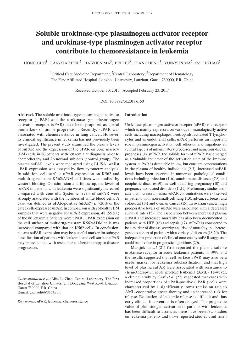 Soluble Urokinase‑Type Plasminogen Activator Receptor and Urokinase‑Type Plasminogen Activator Receptor Contribute to Chemoresistance in Leukemia