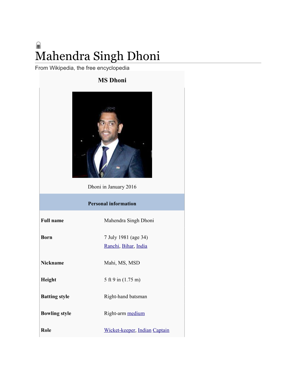 Mahendra Singh Dhoni from Wikipedia, the Free Encyclopedia MS Dhoni