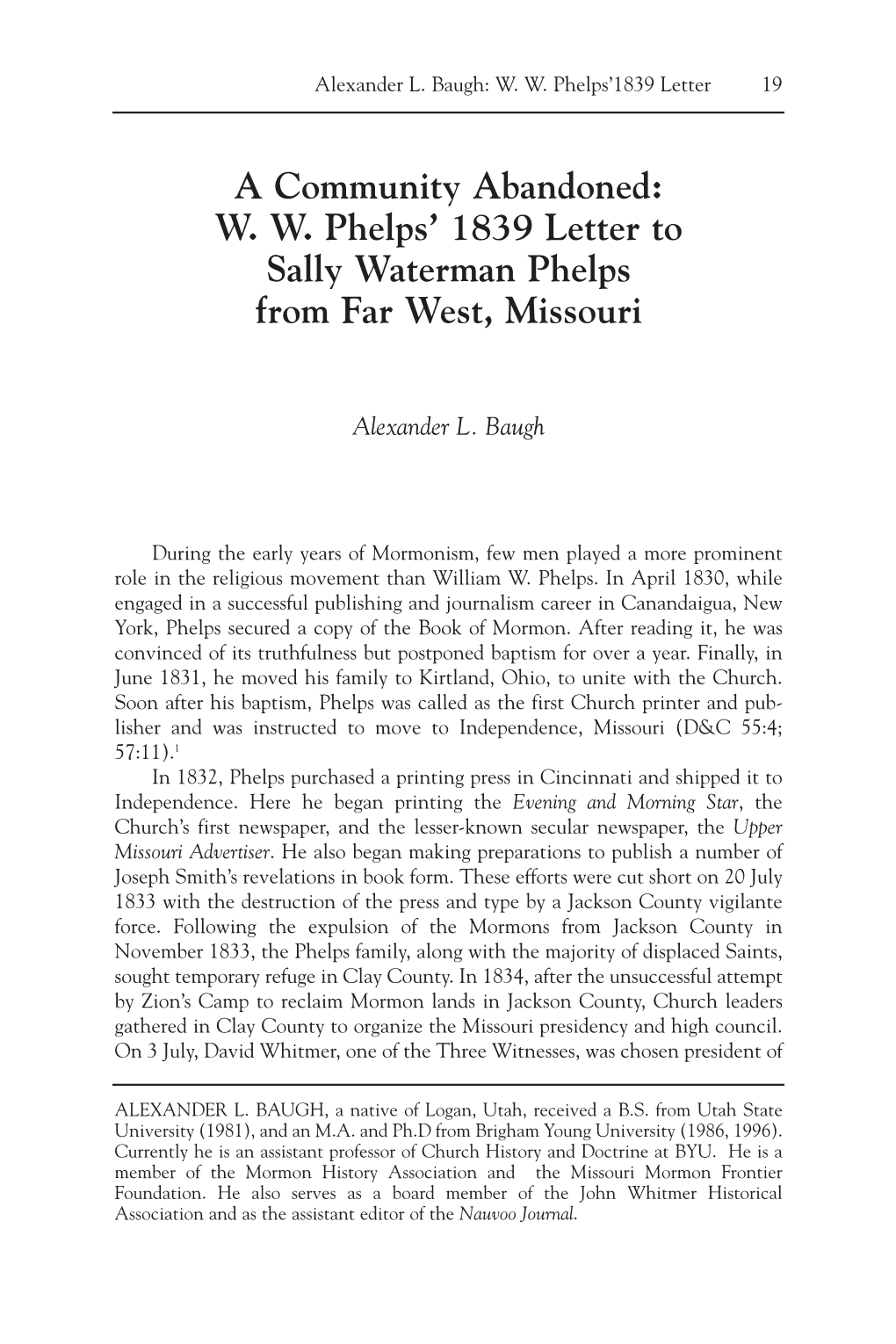 A Community Abandoned: W. W. Phelps' 1839 Letter to Sally