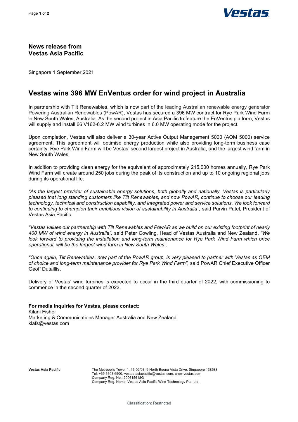 Vestas Wins 396 MW Enventus Order for Wind Project in Australia