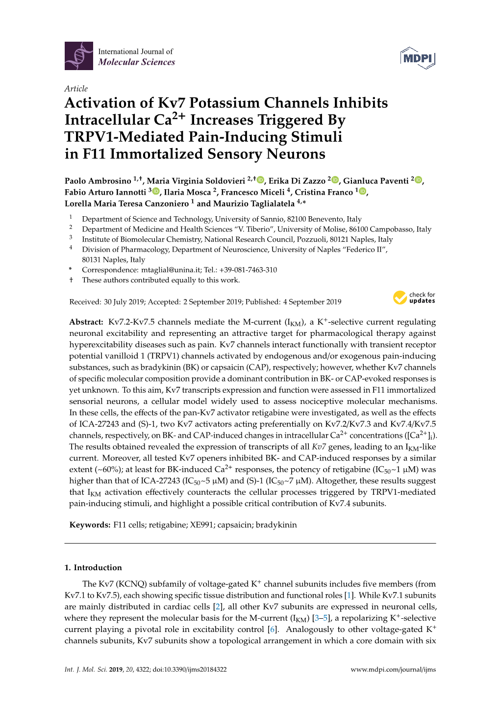 Activation of Kv7 Potassium Channels Inhibits Intracellular Ca 2 Increases