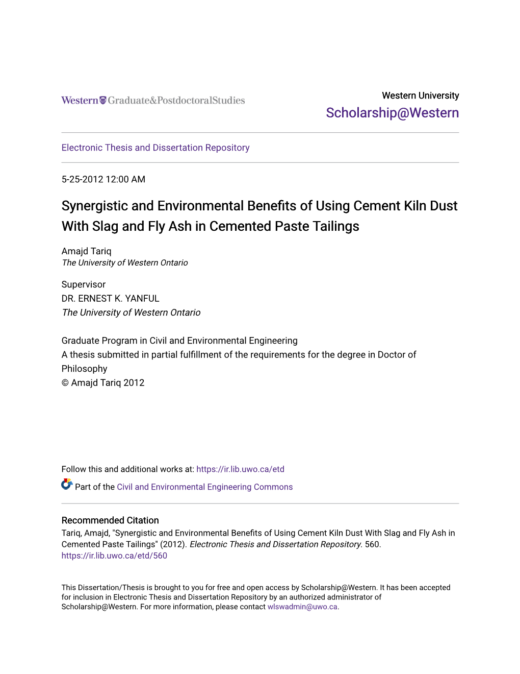 Synergistic and Environmental Benefits of Using Cement Kiln Dust with Slag and Fly Ash in Cemented Paste Tailings