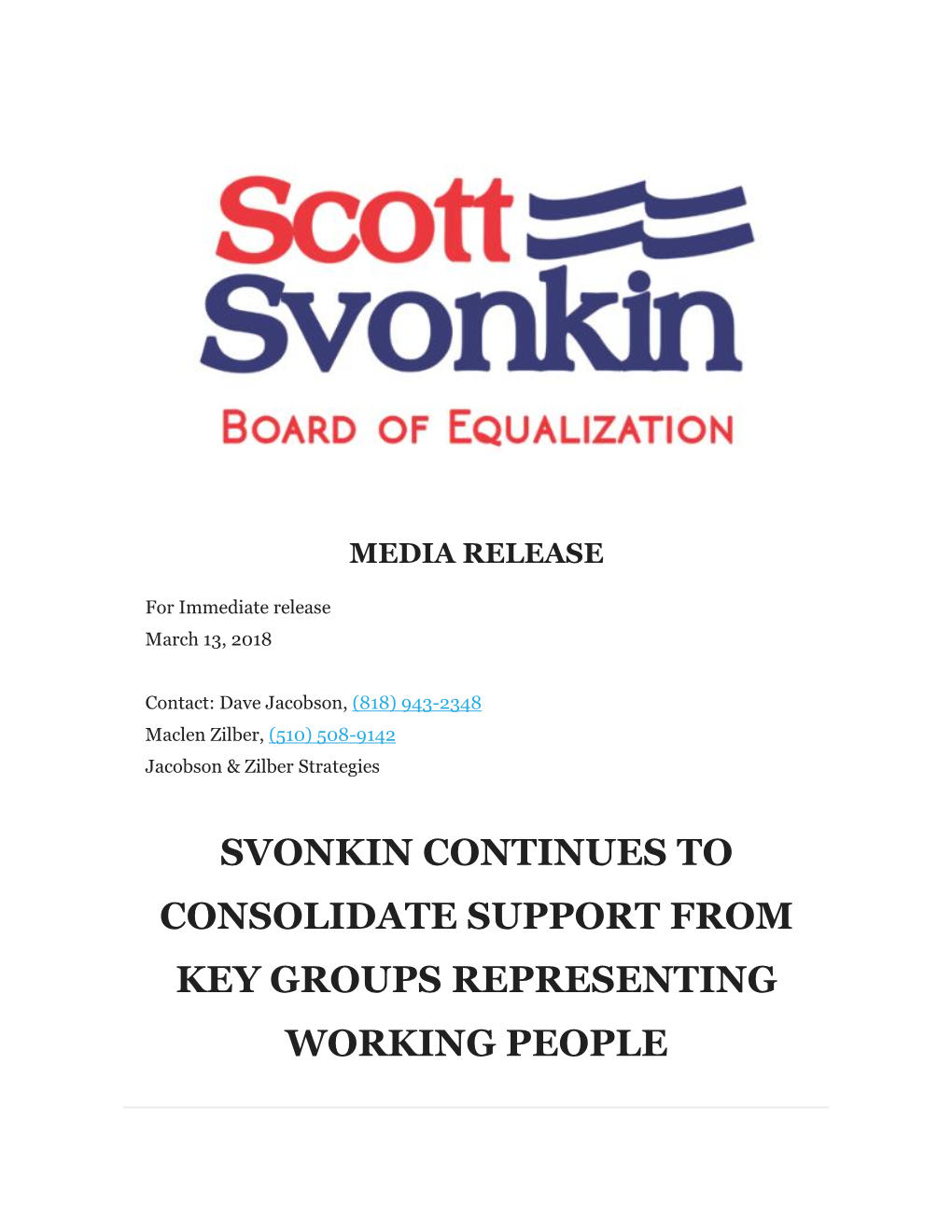 Svonkin Continues to Consolidate Support from Key Groups Representing