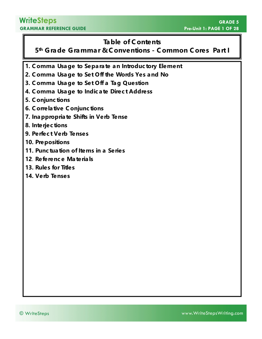 Table of Contents 5Th Grade Grammar & Conventions