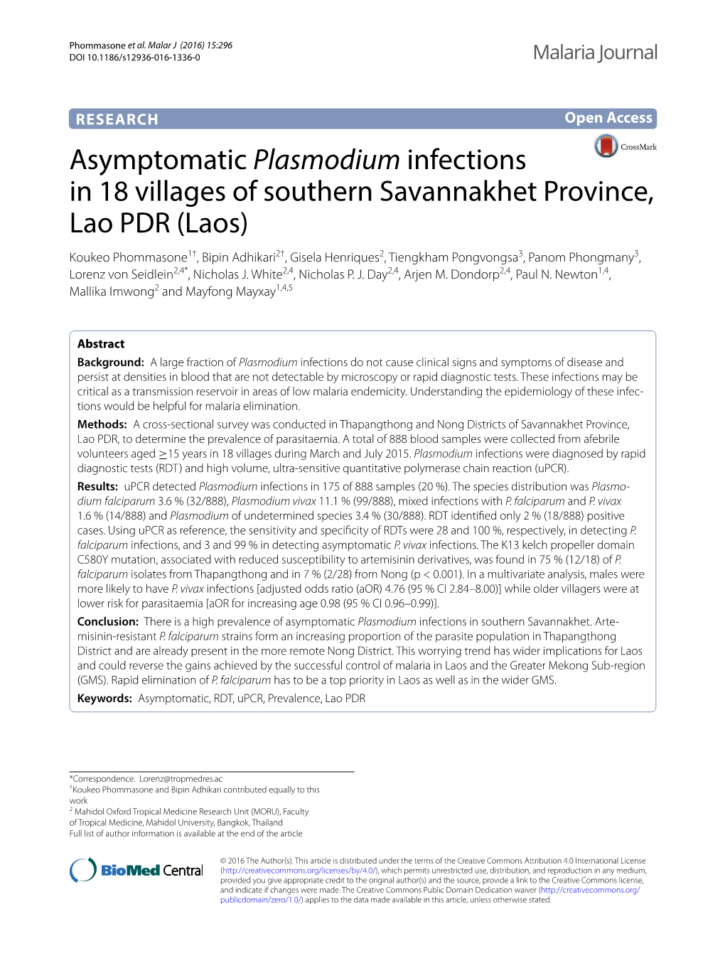 Asymptomatic Plasmodium Infections in 18 Villages Of