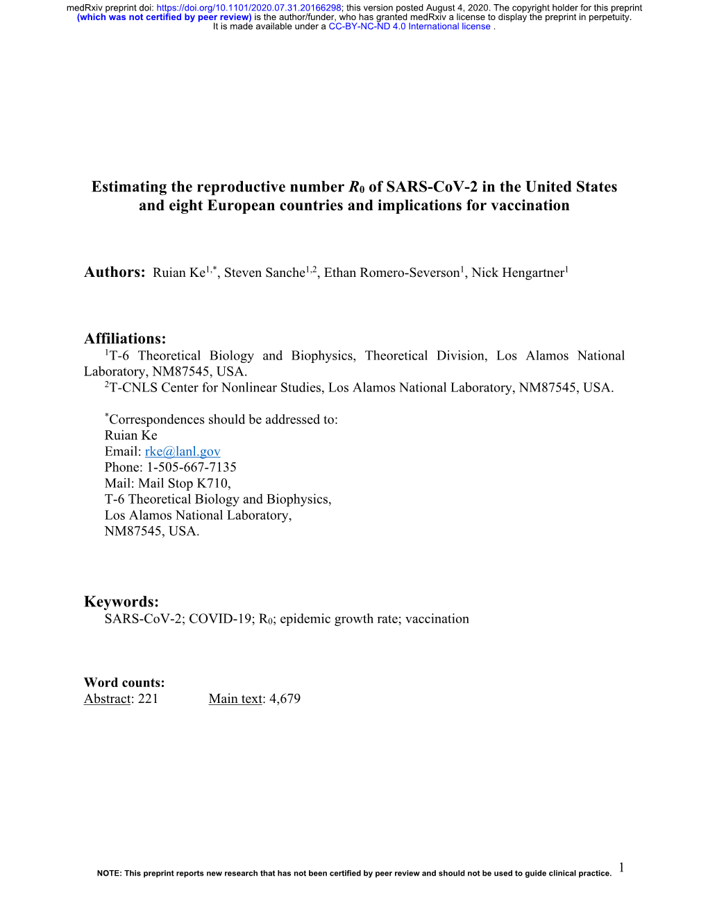 Estimating the Reproductive Number R0 of SARS-Cov-2 in the United States and Eight European Countries and Implications for Vaccination