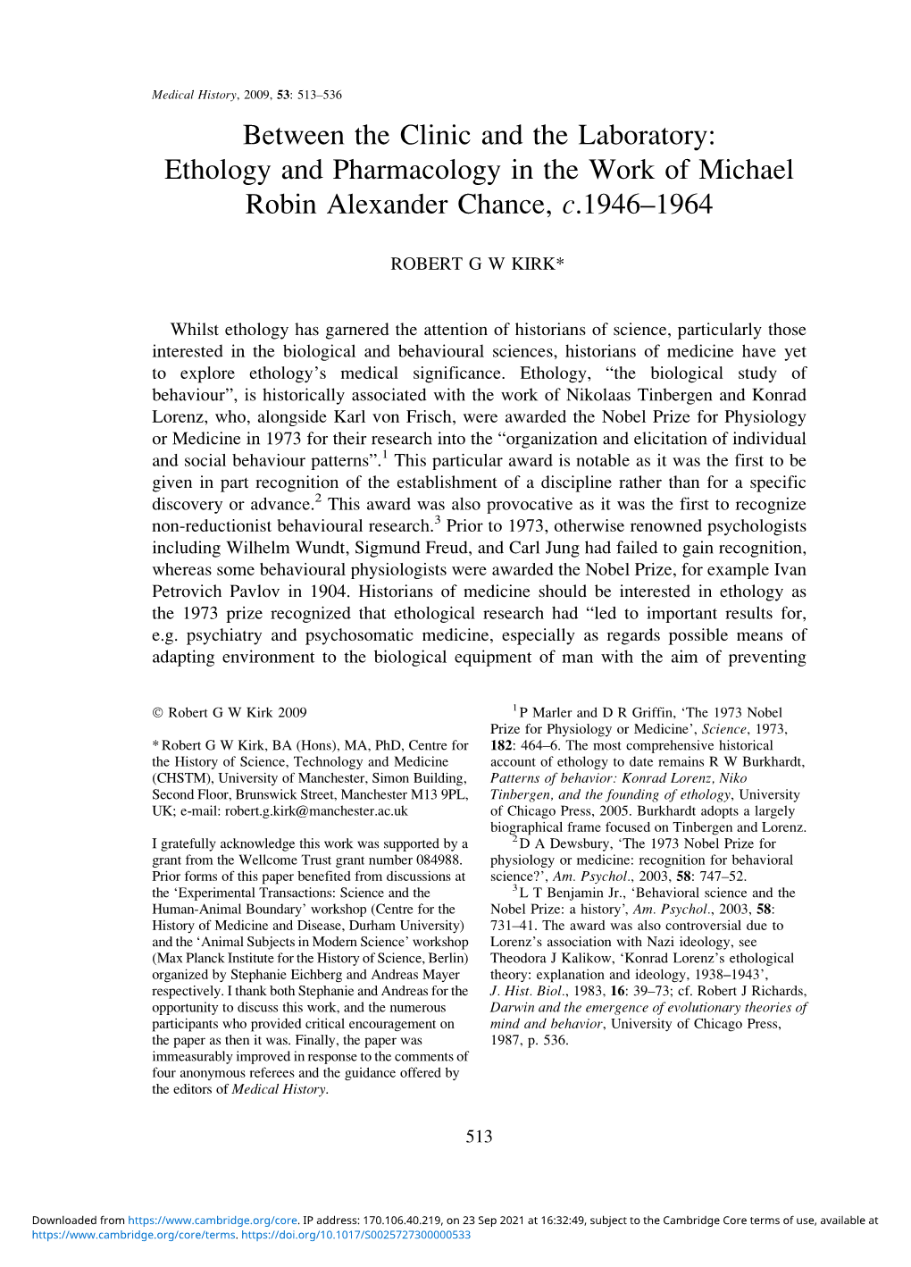 Between the Clinic and the Laboratory: Ethology and Pharmacology in the Work of Michael Robin Alexander Chance, C.1946–1964