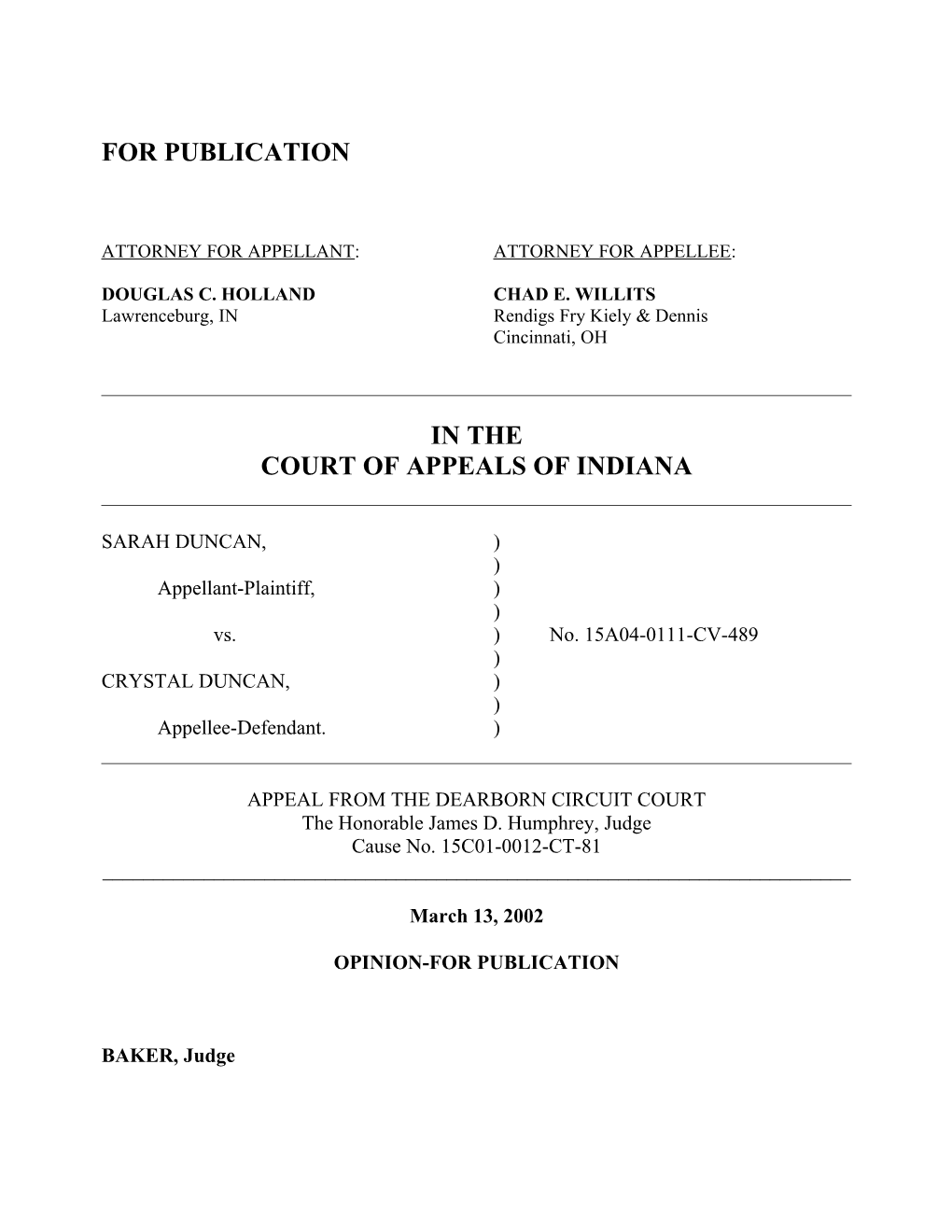 Appellant-Plaintiff Sarah Duncan (Sarah) Appeals the Trial Court S Grant of Summary Judgment