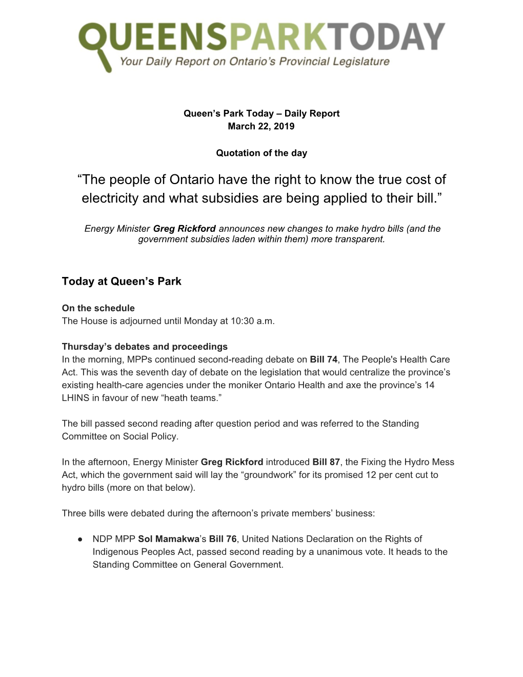 The People of Ontario Have the Right to Know the True Cost of Electricity and What Subsidies Are Being Applied to Their Bill.”