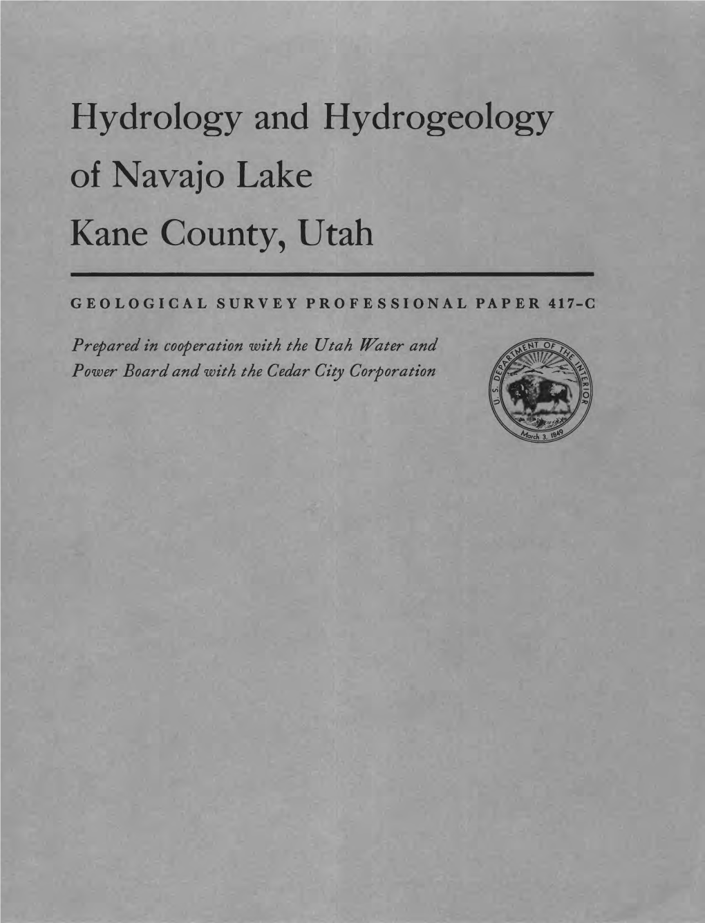 Hydrology and Hydrogeology of Navajo Lake Kane County, Utah