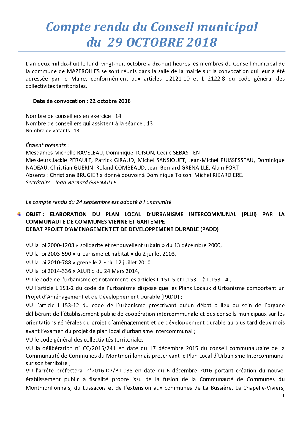 Compte Rendu Du Conseil Municipal Du 29 OCTOBRE 2018