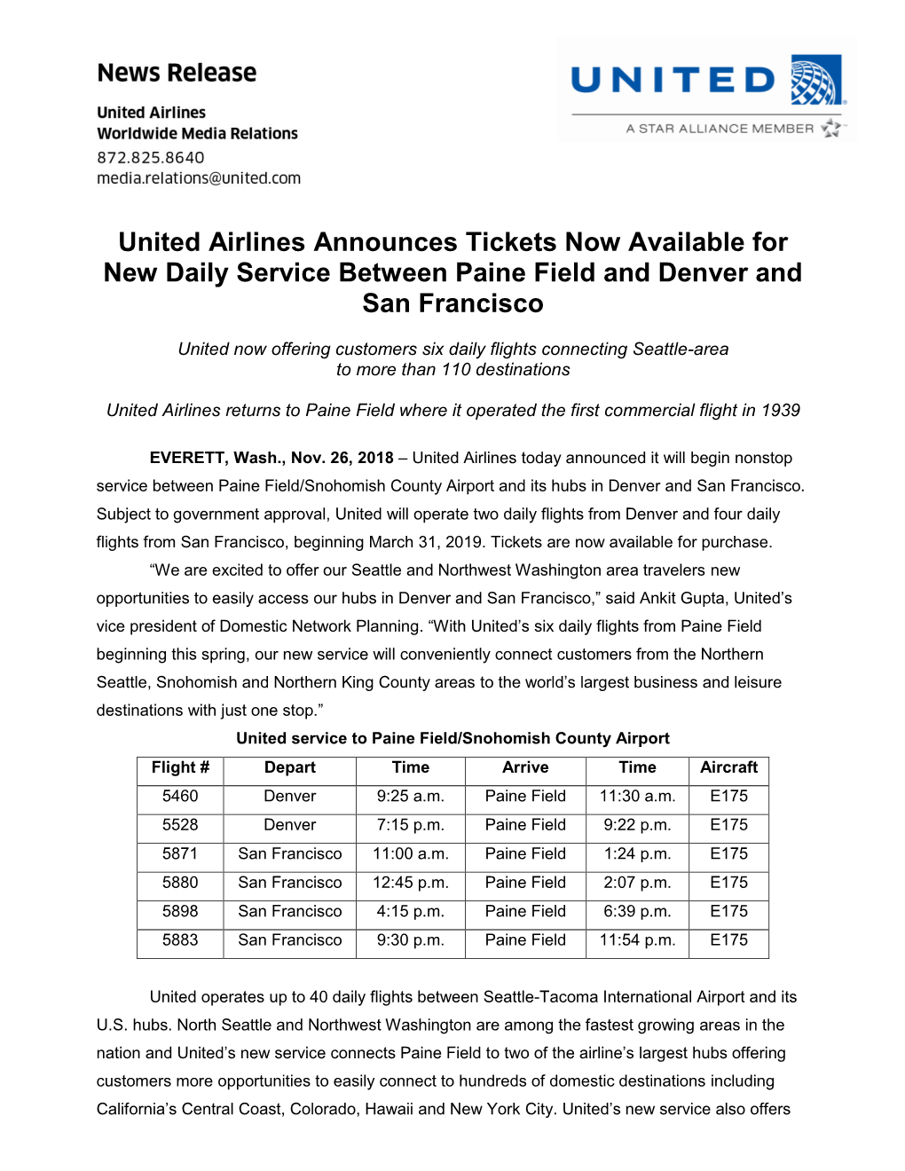 United Airlines Announces Tickets Now Available for New Daily Service Between Paine Field and Denver and San Francisco
