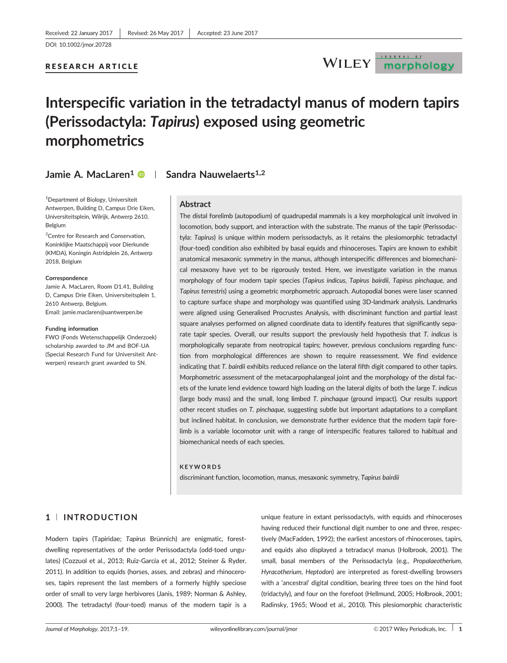 Perissodactyla: Tapirus) Exposed Using Geometric Morphometrics