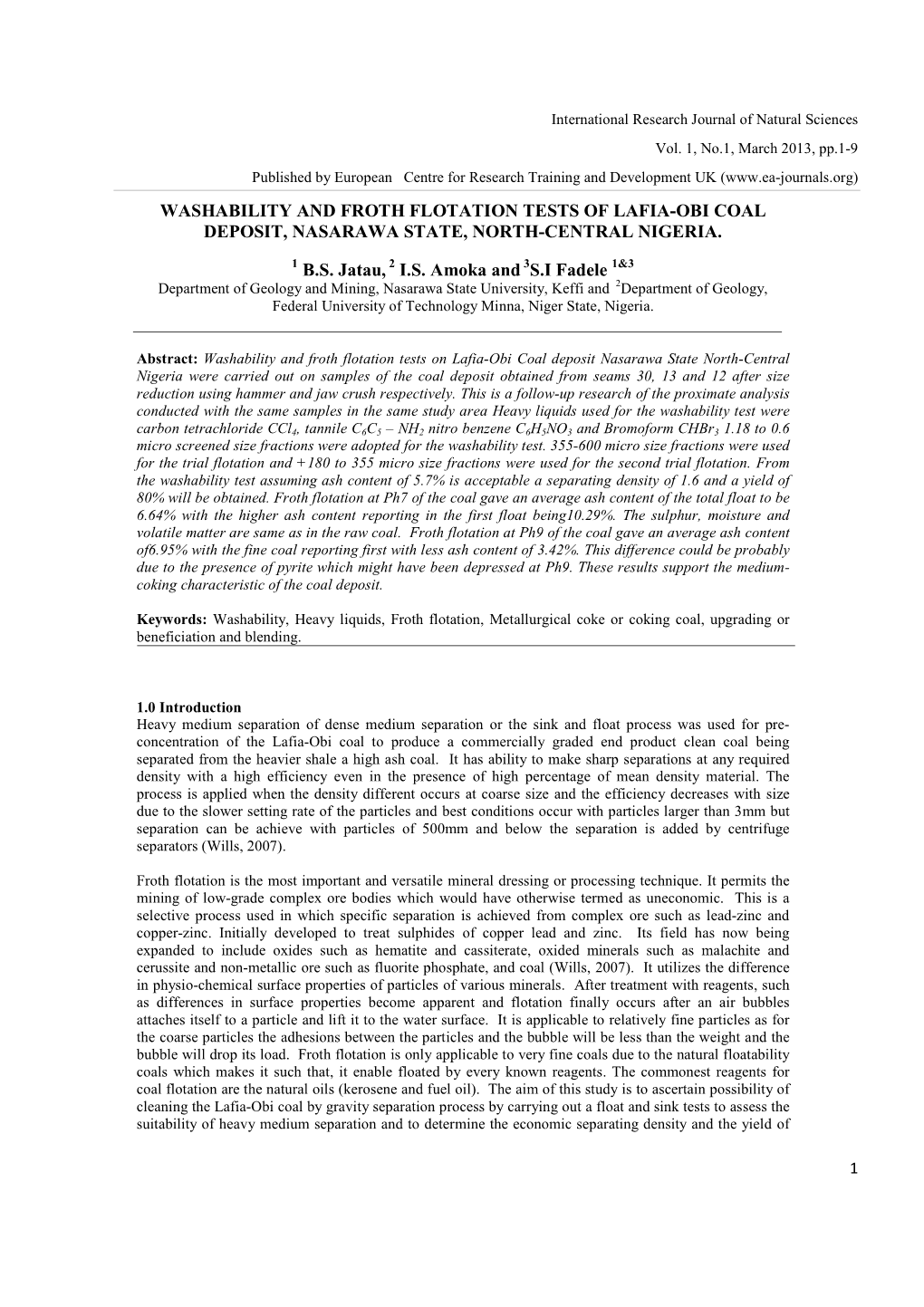 Washability and Froth Flotation Tests of Lafia-Obi Coal Deposit, Nasarawa State, North-Central Nigeria