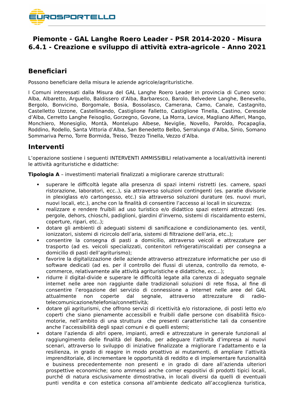 Piemonte - GAL Langhe Roero Leader - PSR 2014-2020 - Misura 6.4.1 - Creazione E Sviluppo Di Attività Extra-Agricole – Anno 2021