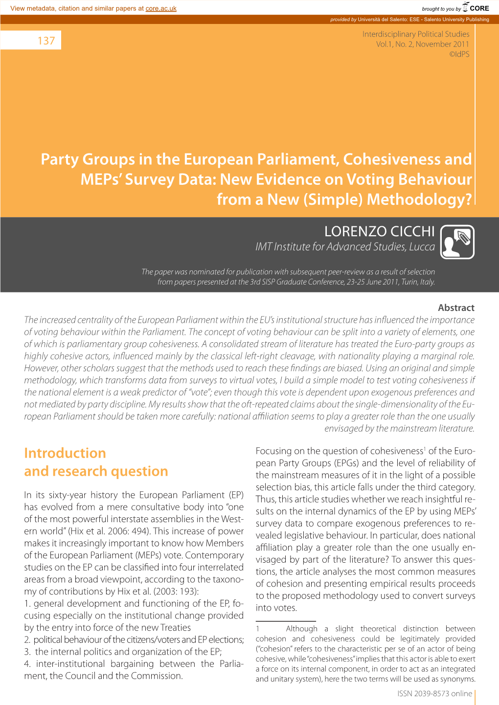 Party Groups in the European Parliament, Cohesiveness and Meps’ Survey Data: New Evidence on Voting Behaviour from a New (Simple) Methodology?