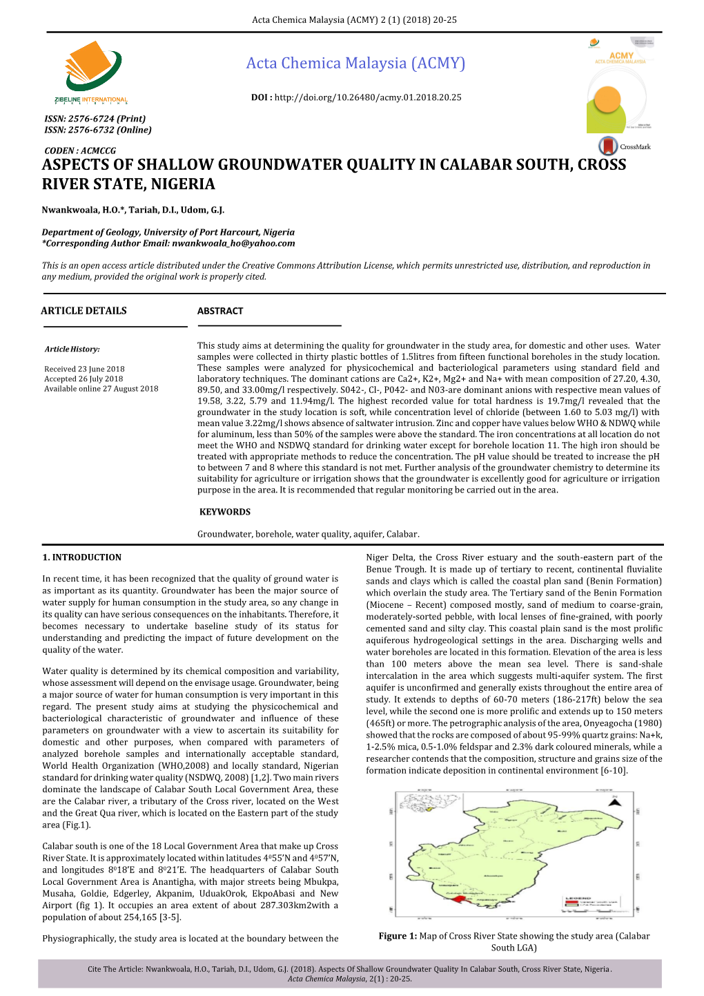 Aspects of Shallow Groundwater Quality in Calabar South, Cross River State, Nigeria