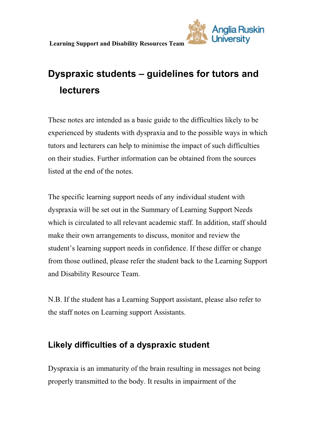 Dyspraxic Students Guidelines for Tutors and Lecturers