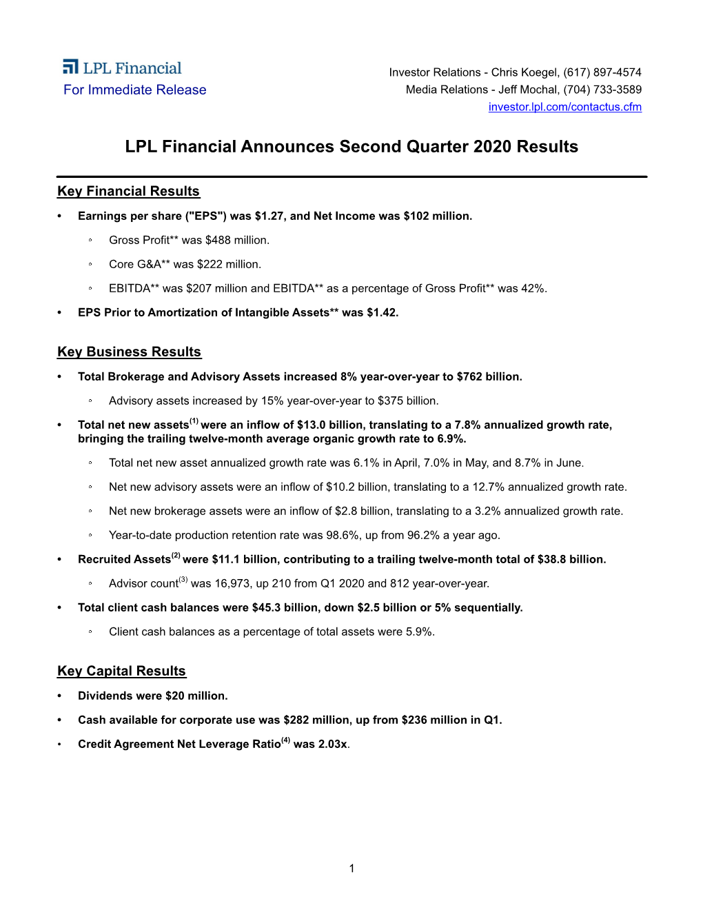 LPL Financial Announces Second Quarter 2020 Results
