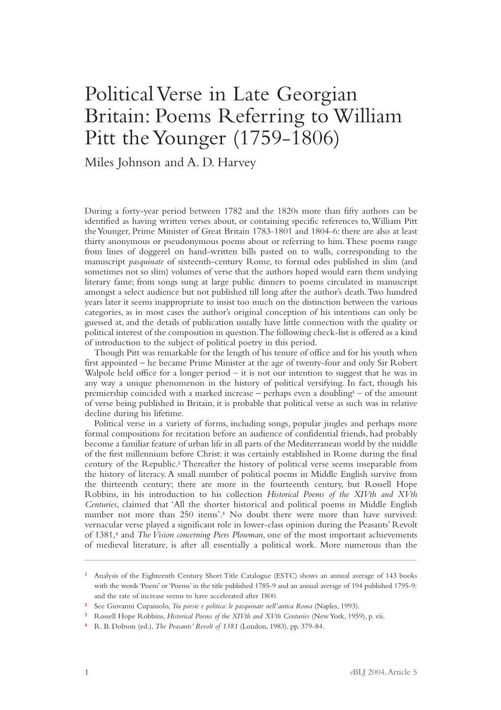 Poems Referring to William Pitt the Younger (1759-1806) Miles Johnson and A